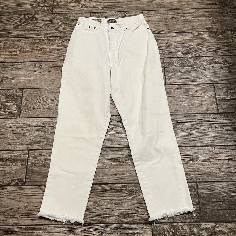 Vintage Express Jeans Women's Sz11 White Tapered Leg Distressed Hem 90’s 28x27.5